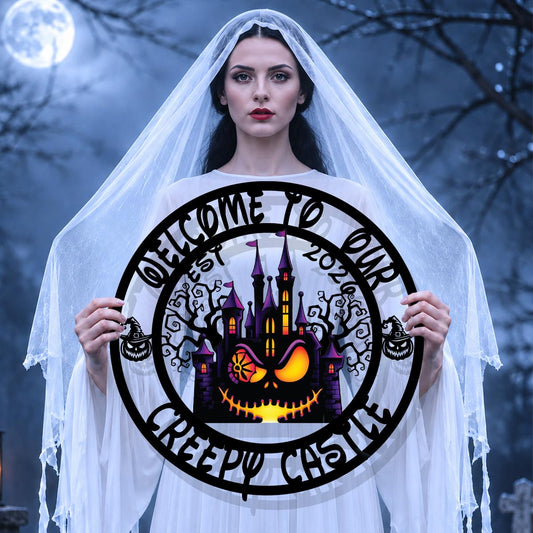 Welcome to Our Creepy Castle Metal Sign | Halloween Pumpkin Castle Wall Decor | Gothic Halloween Door Sign | Spooky Haunted House Metal Art
