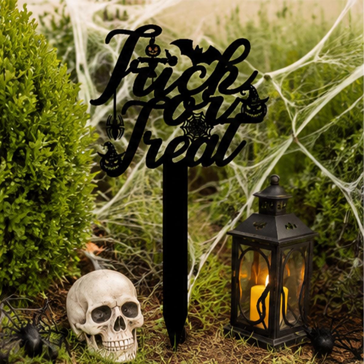 Trick or Treat Halloween Metal Garden Stake | Spooky Yard Decor | Pumpkin & Spider Halloween Lawn Sign | Outdoor Halloween Decorations
