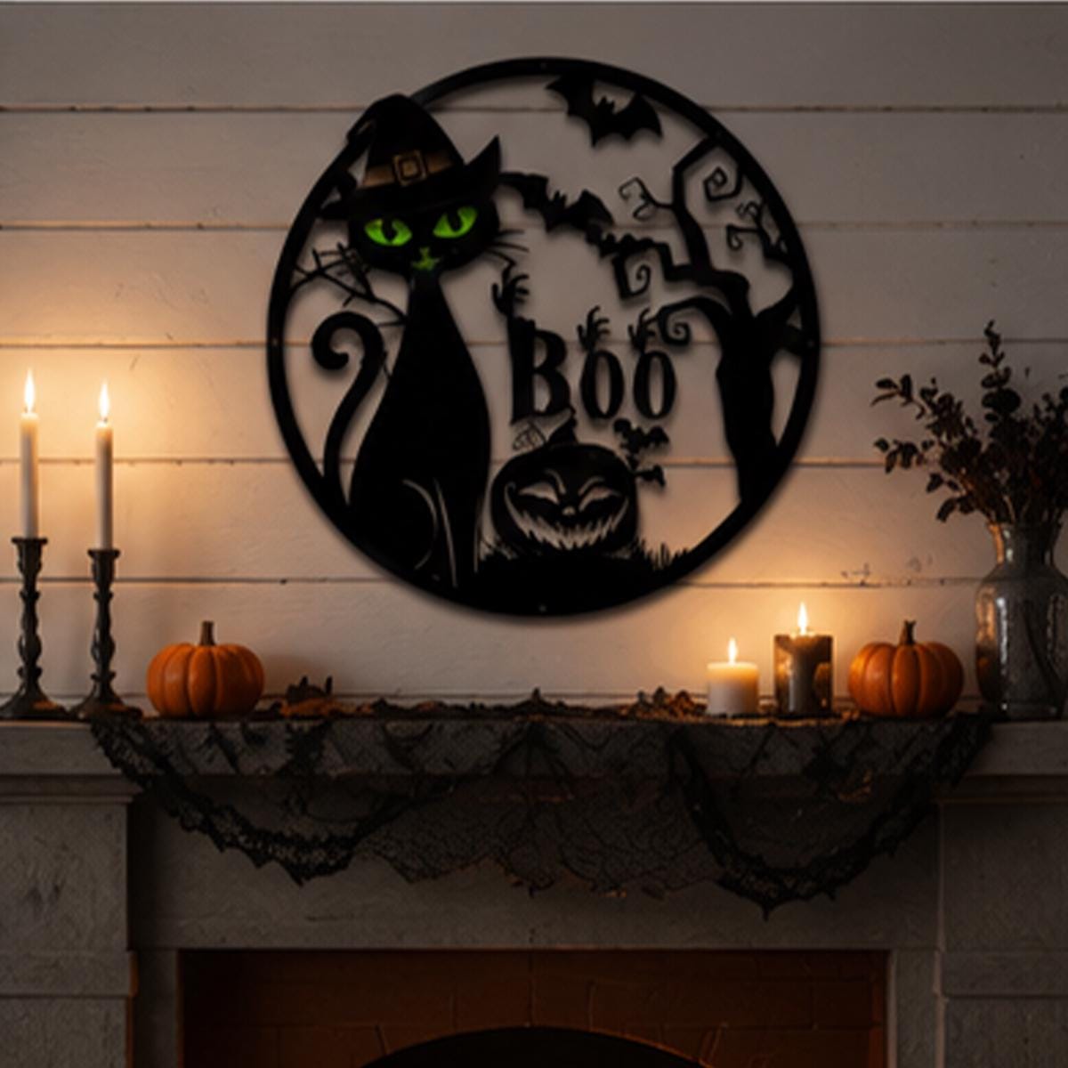 Black Cat Halloween Metal Sign | Witch Cat Boo Wall Decor | Spooky Pumpkin Metal Wall Art | Halloween Door Hanger, Gothic Outdoor Metal Sign