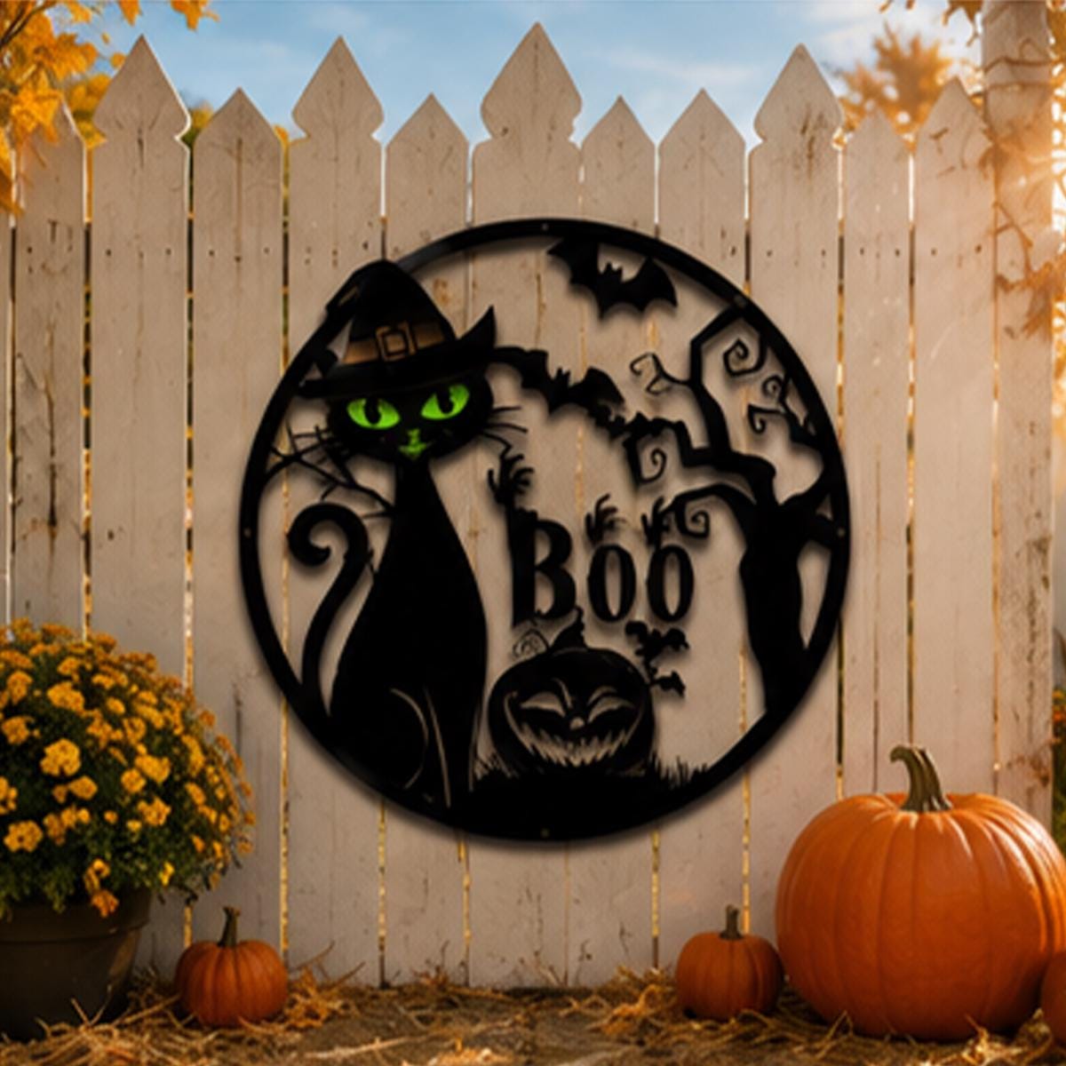 Black Cat Halloween Metal Sign | Witch Cat Boo Wall Decor | Spooky Pumpkin Metal Wall Art | Halloween Door Hanger, Gothic Outdoor Metal Sign