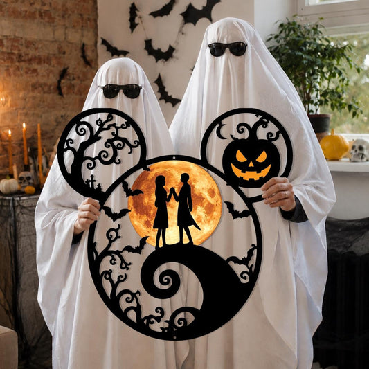 Halloween Mouse Ears Metal Sign | Spooky Moon Couple Wall Decor | Pumpkin Halloween Door Hanger | Gothic Metal Wall Art, Haunted House Decor