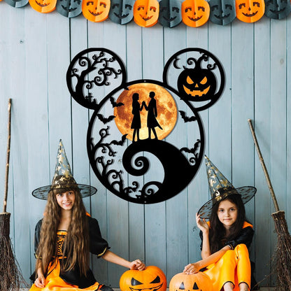 Halloween Mouse Ears Metal Sign | Spooky Moon Couple Wall Decor | Pumpkin Halloween Door Hanger | Gothic Metal Wall Art, Haunted House Decor