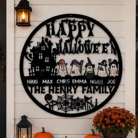 Personalized Halloween Family Metal Sign | Custom Ghost Family Wall Decor | Haunted House Halloween Door Hanger | Family Name Metal Sign
