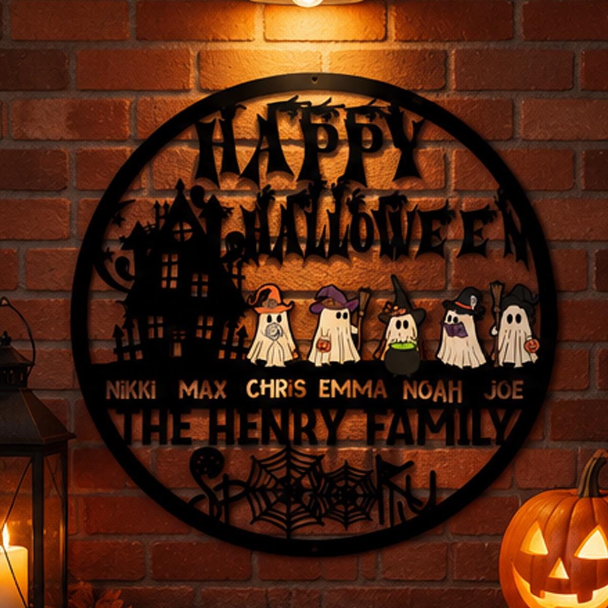 Personalized Halloween Family Metal Sign | Custom Ghost Family Wall Decor | Haunted House Halloween Door Hanger | Family Name Metal Sign