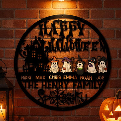 Personalized Halloween Family Metal Sign | Custom Ghost Family Wall Decor | Haunted House Halloween Door Hanger | Family Name Metal Sign