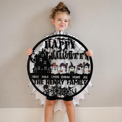 Personalized Halloween Family Metal Sign | Custom Ghost Family Wall Decor | Haunted House Halloween Door Hanger | Family Name Metal Sign