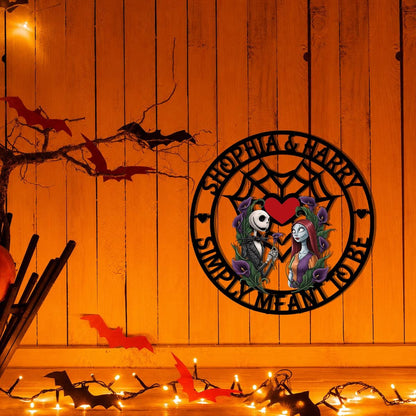 Personalized Halloween Couple Metal Sign | Custom Gothic Love Wall Decor | Skeleton Couple Halloween Door Hanger | Family Name Metal Sign