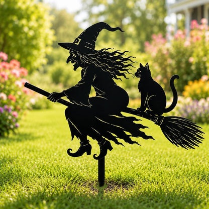 Flying Witch with Black Cat Garden Stake, Halloween Yard Decor, Metal Witch Sign, Gothic Fall Yard Decor