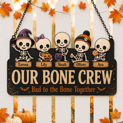 Personalized Skeleton Family Halloween Metal Sign, Custom Bone Crew Name Plaque, Cute Skeleton Door Hanger, Spooky Family Decor