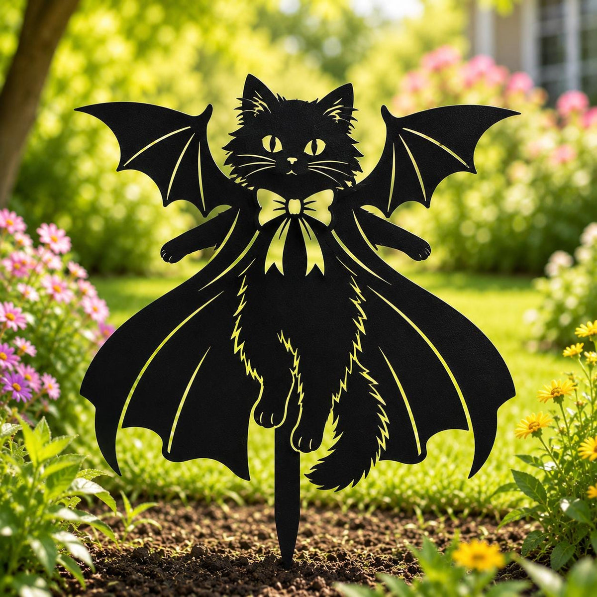 Vampire Cat Garden Stake, Halloween Yard Decor, Metal Black Cat Lawn Sign, Spooky Outdoor Garden Art, Gothic Halloween Gift