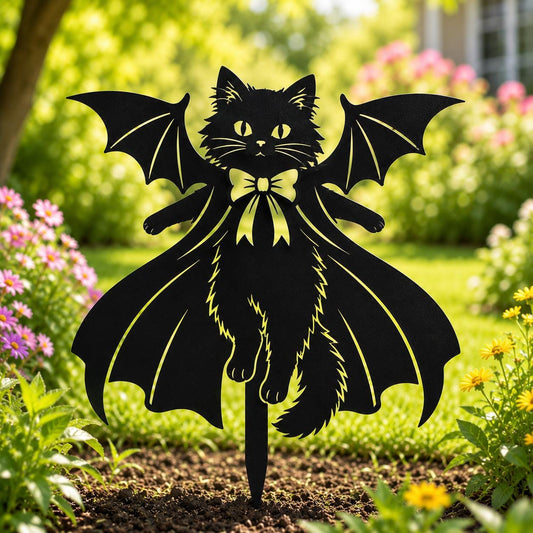 Vampire Cat Garden Stake, Halloween Yard Decor, Metal Black Cat Lawn Sign, Spooky Outdoor Garden Art, Gothic Halloween Gift