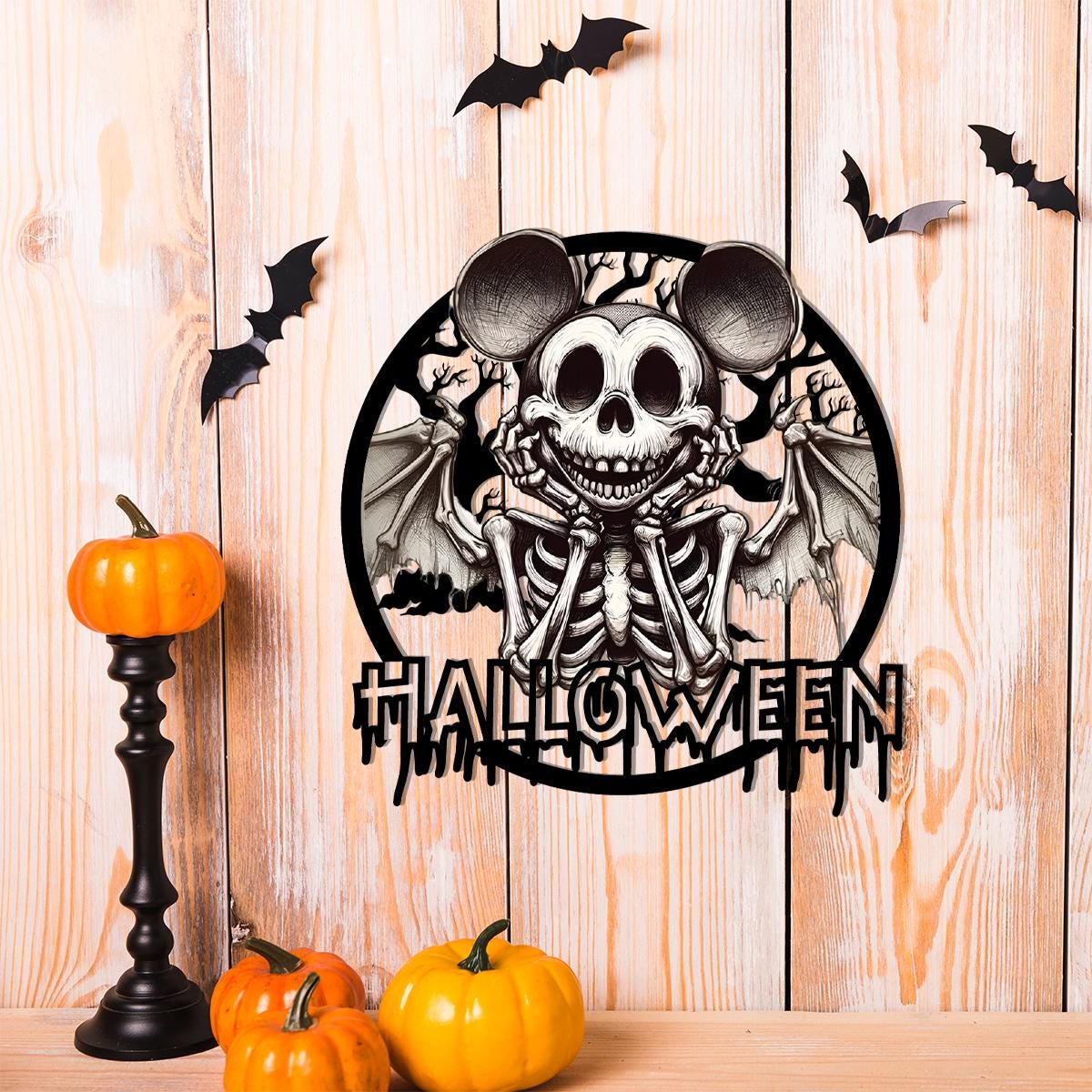Halloween Skeleton Mouse Metal Sign | Gothic Horror Wall Decor | Spooky Bat Wing Skull Metal Art | Haunted House Halloween Decoration