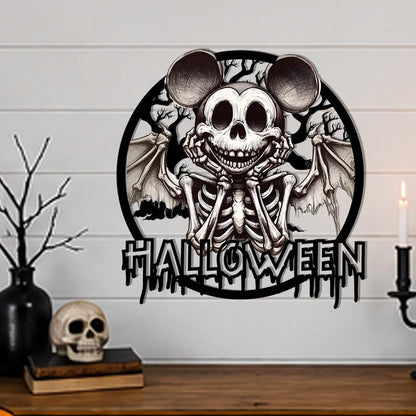 Halloween Skeleton Mouse Metal Sign | Gothic Horror Wall Decor | Spooky Bat Wing Skull Metal Art | Haunted House Halloween Decoration