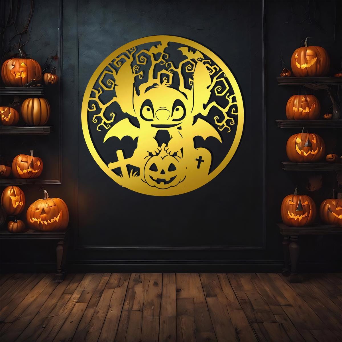 Cute Bat Monster Halloween Metal Sign | Spooky Pumpkin Graveyard Wall Decor | Gothic Halloween Steel Sign | Creepy Outdoor Porch Decor