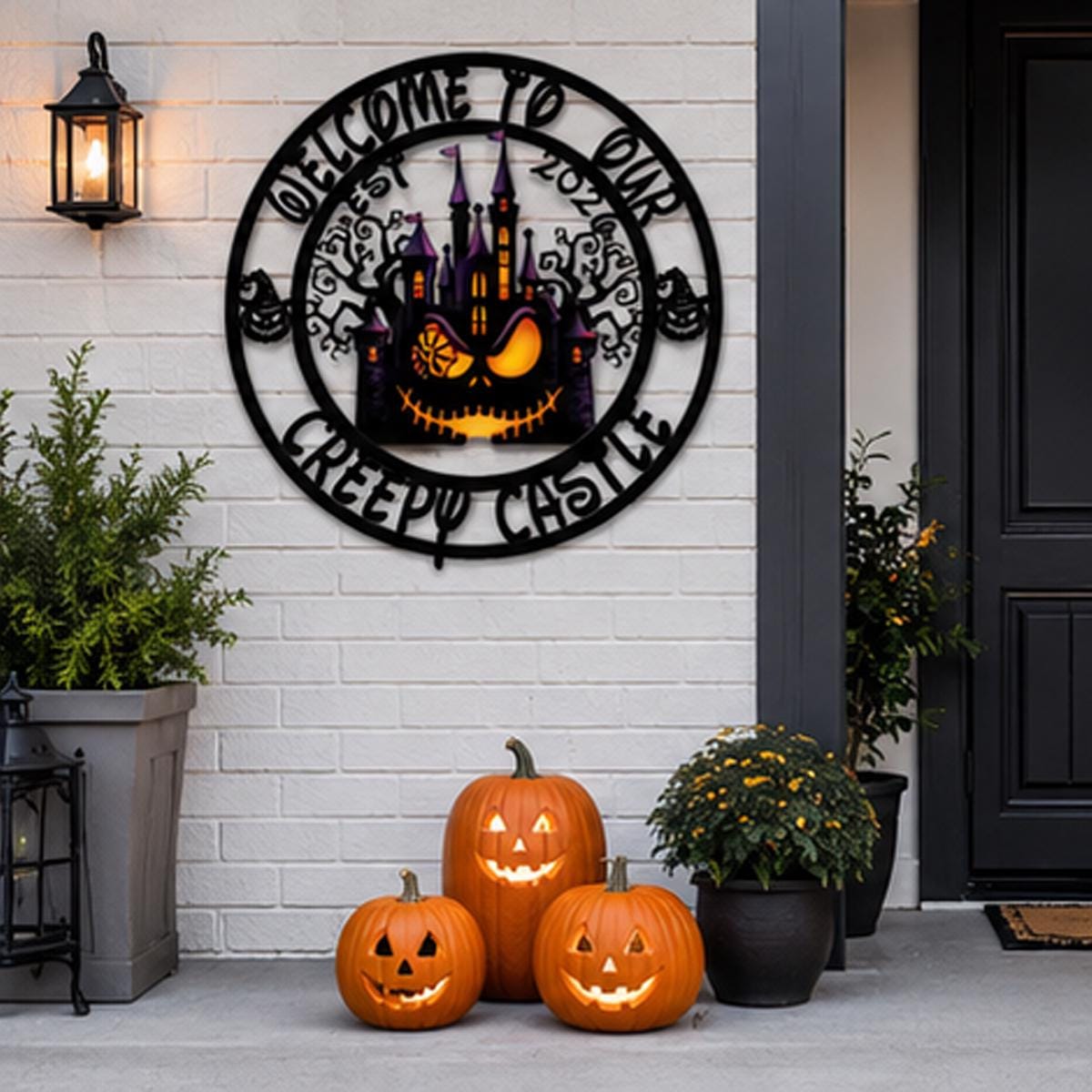 Welcome to Our Creepy Castle Metal Sign | Halloween Pumpkin Castle Wall Decor | Gothic Halloween Door Sign | Spooky Haunted House Metal Art