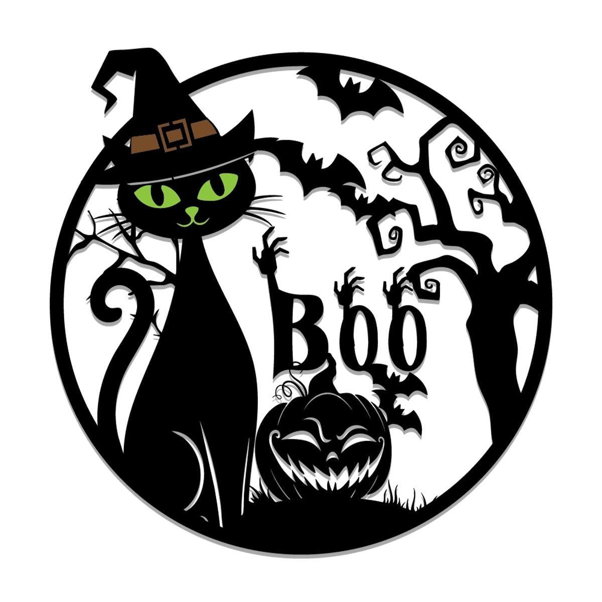 Black Cat Halloween Metal Sign | Witch Cat Boo Wall Decor | Spooky Pumpkin Metal Wall Art | Halloween Door Hanger, Gothic Outdoor Metal Sign