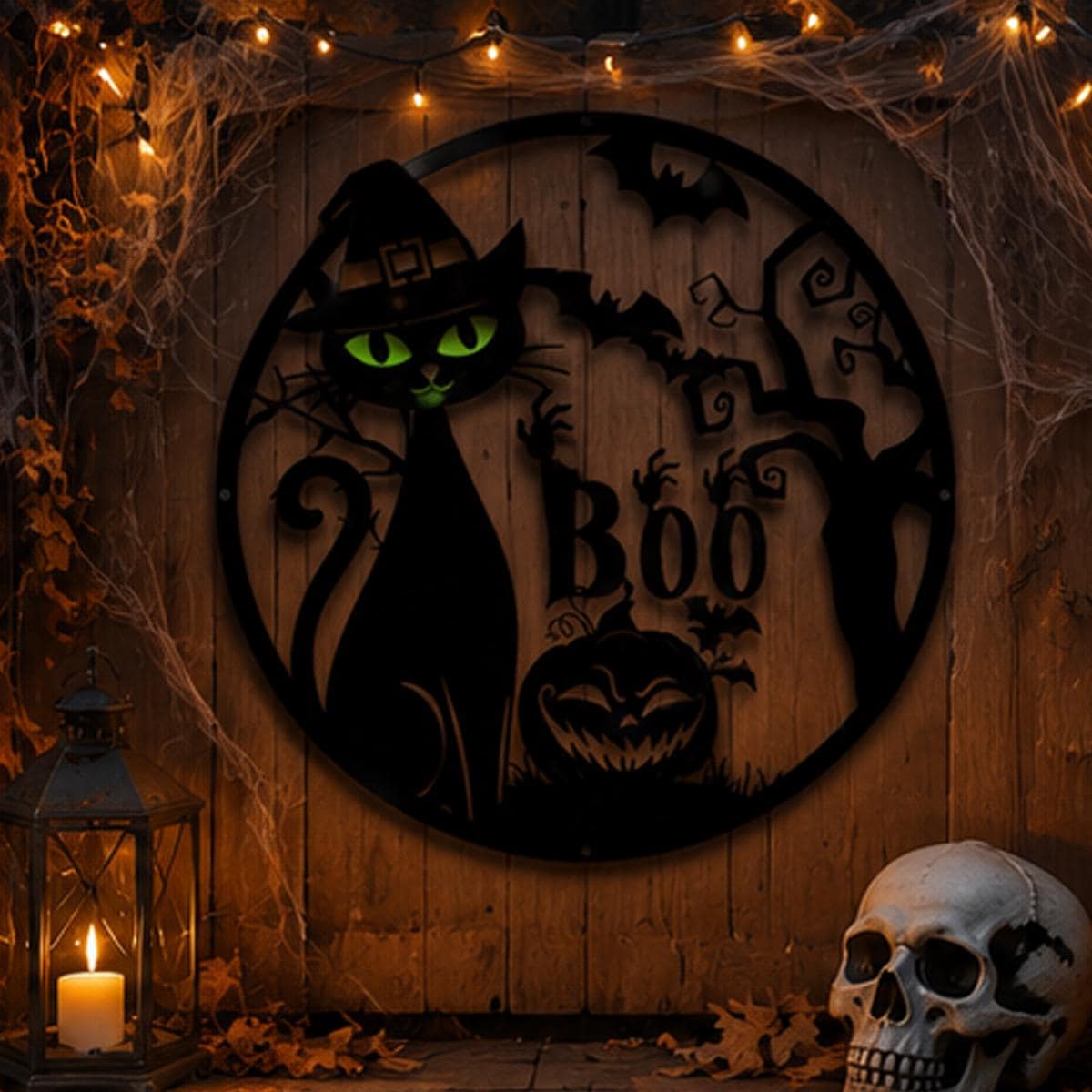 Black Cat Halloween Metal Sign | Witch Cat Boo Wall Decor | Spooky Pumpkin Metal Wall Art | Halloween Door Hanger, Gothic Outdoor Metal Sign