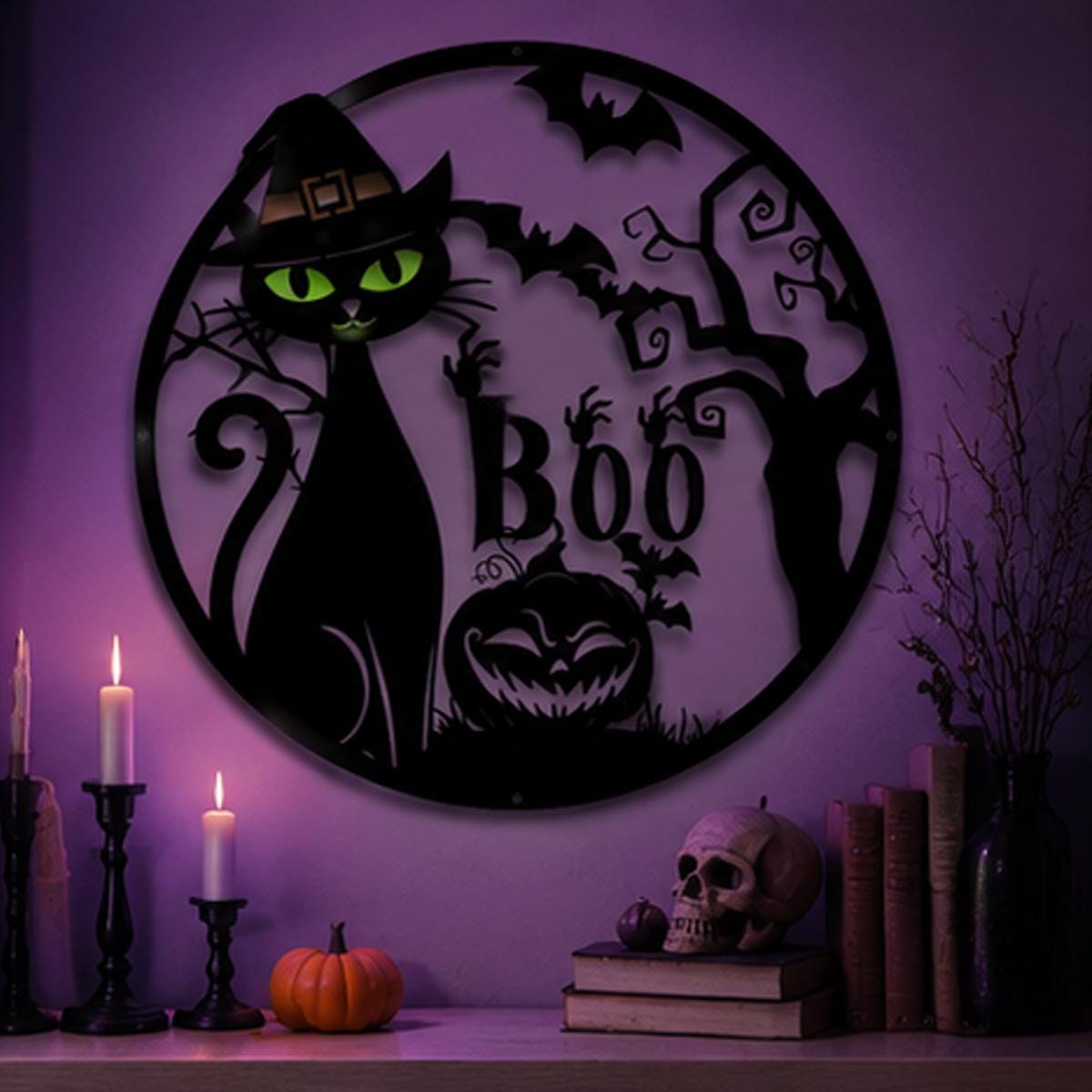 Black Cat Halloween Metal Sign | Witch Cat Boo Wall Decor | Spooky Pumpkin Metal Wall Art | Halloween Door Hanger, Gothic Outdoor Metal Sign