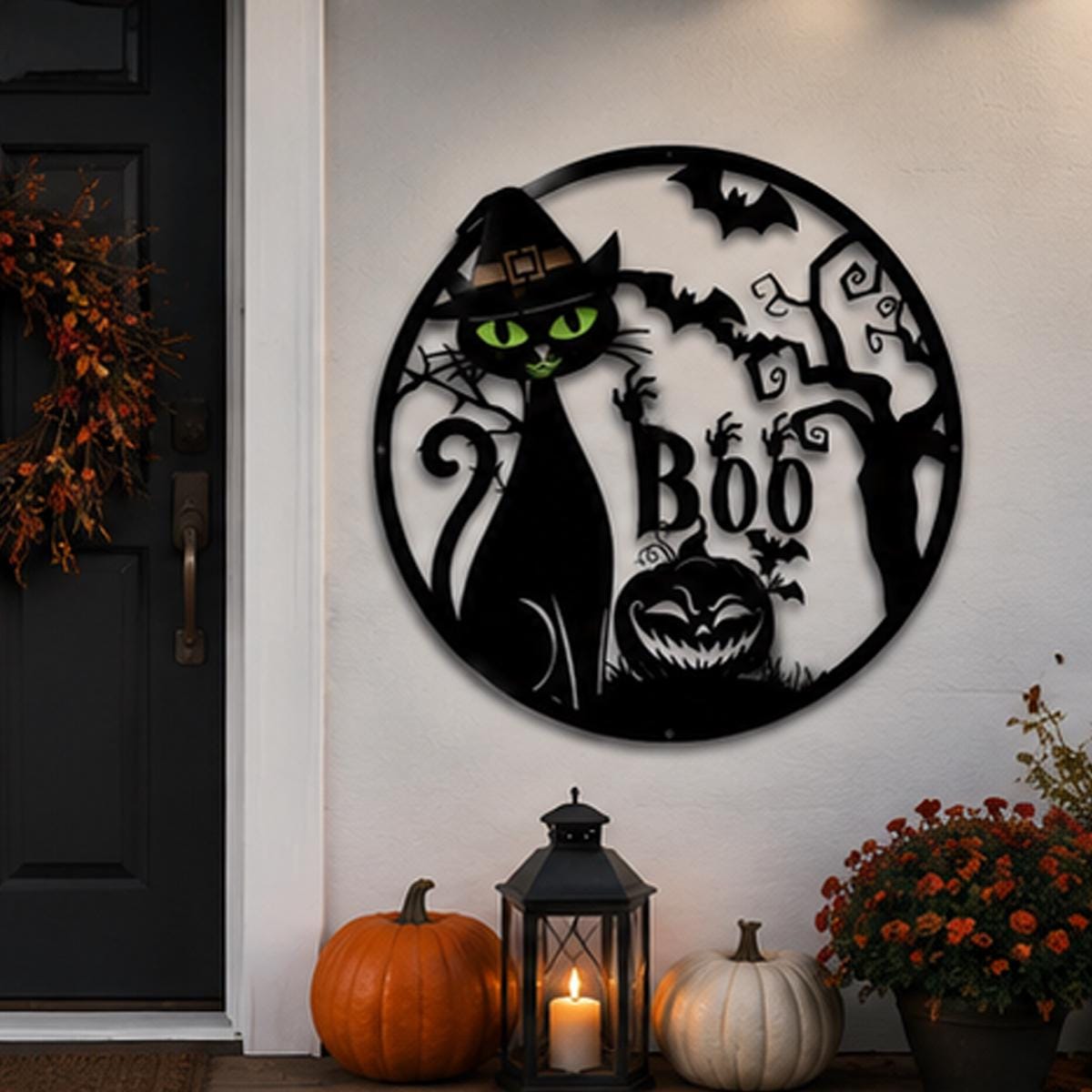 Black Cat Halloween Metal Sign | Witch Cat Boo Wall Decor | Spooky Pumpkin Metal Wall Art | Halloween Door Hanger, Gothic Outdoor Metal Sign