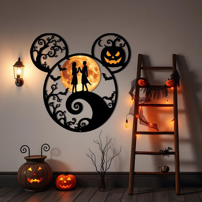 Halloween Mouse Ears Metal Sign | Spooky Moon Couple Wall Decor | Pumpkin Halloween Door Hanger | Gothic Metal Wall Art, Haunted House Decor