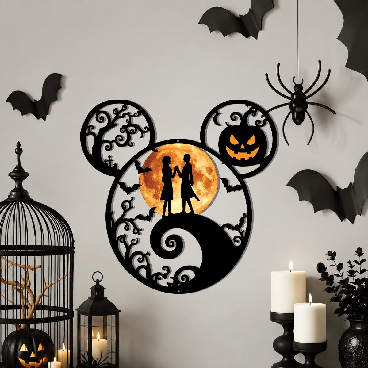 Halloween Mouse Ears Metal Sign | Spooky Moon Couple Wall Decor | Pumpkin Halloween Door Hanger | Gothic Metal Wall Art, Haunted House Decor