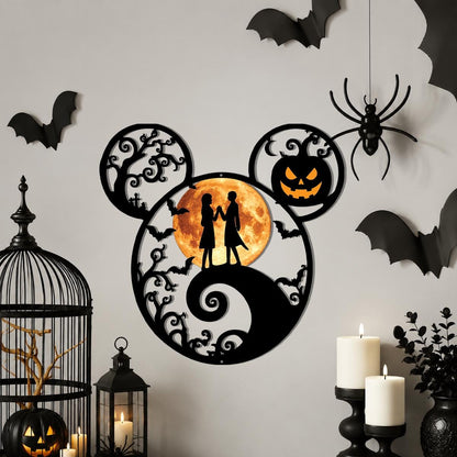 Halloween Mouse Ears Metal Sign | Spooky Moon Couple Wall Decor | Pumpkin Halloween Door Hanger | Gothic Metal Wall Art, Haunted House Decor
