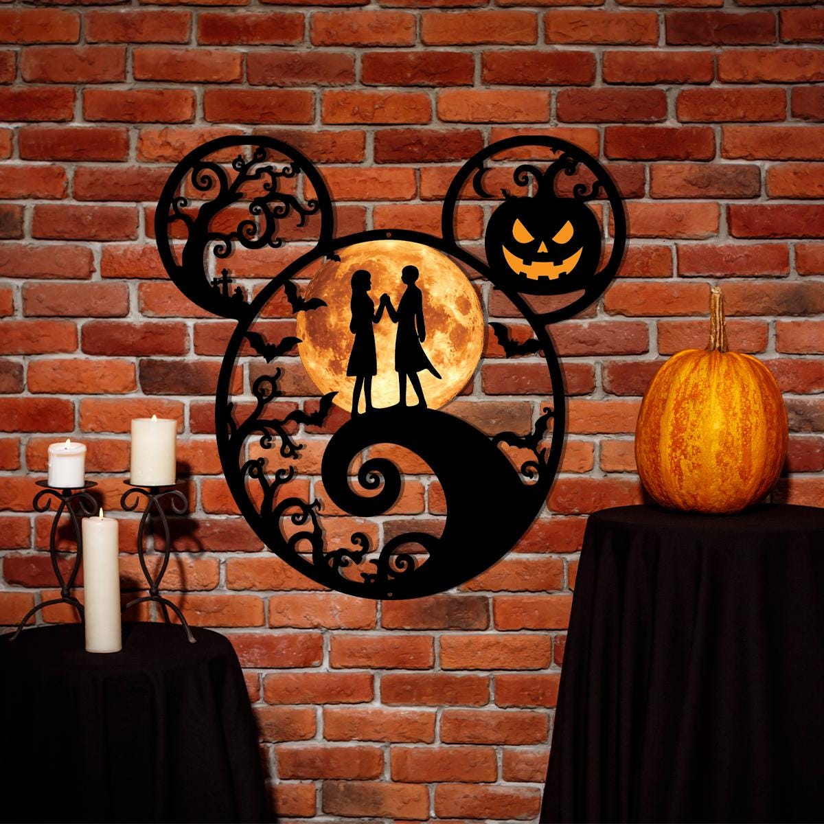 Halloween Mouse Ears Metal Sign | Spooky Moon Couple Wall Decor | Pumpkin Halloween Door Hanger | Gothic Metal Wall Art, Haunted House Decor