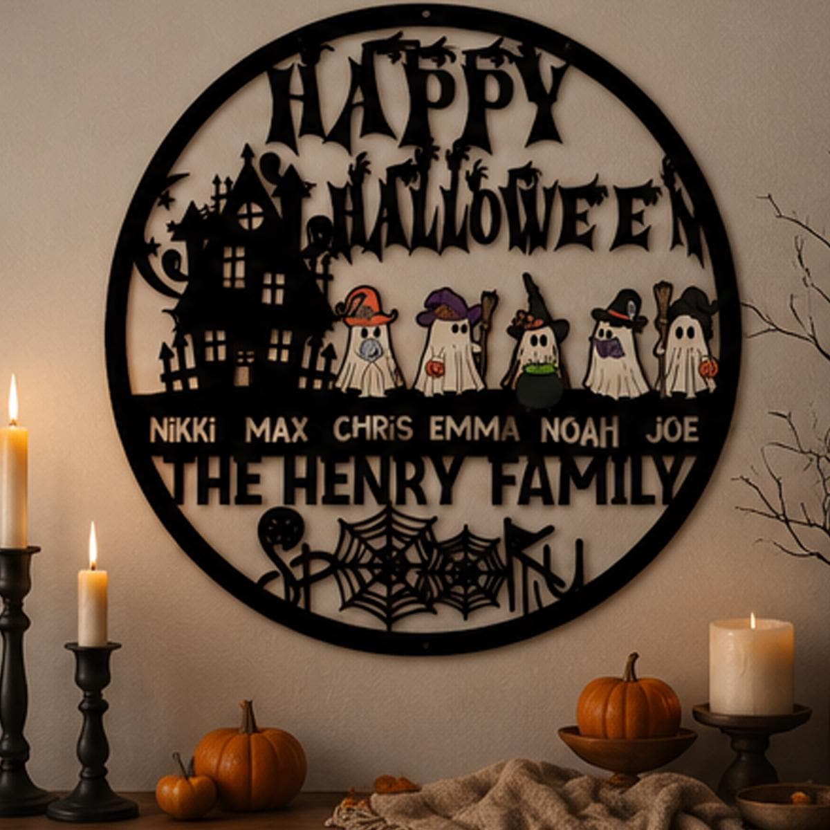 Personalized Halloween Family Metal Sign | Custom Ghost Family Wall Decor | Haunted House Halloween Door Hanger | Family Name Metal Sign