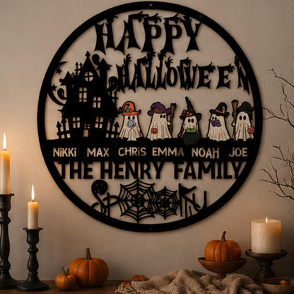 Personalized Halloween Family Metal Sign | Custom Ghost Family Wall Decor | Haunted House Halloween Door Hanger | Family Name Metal Sign