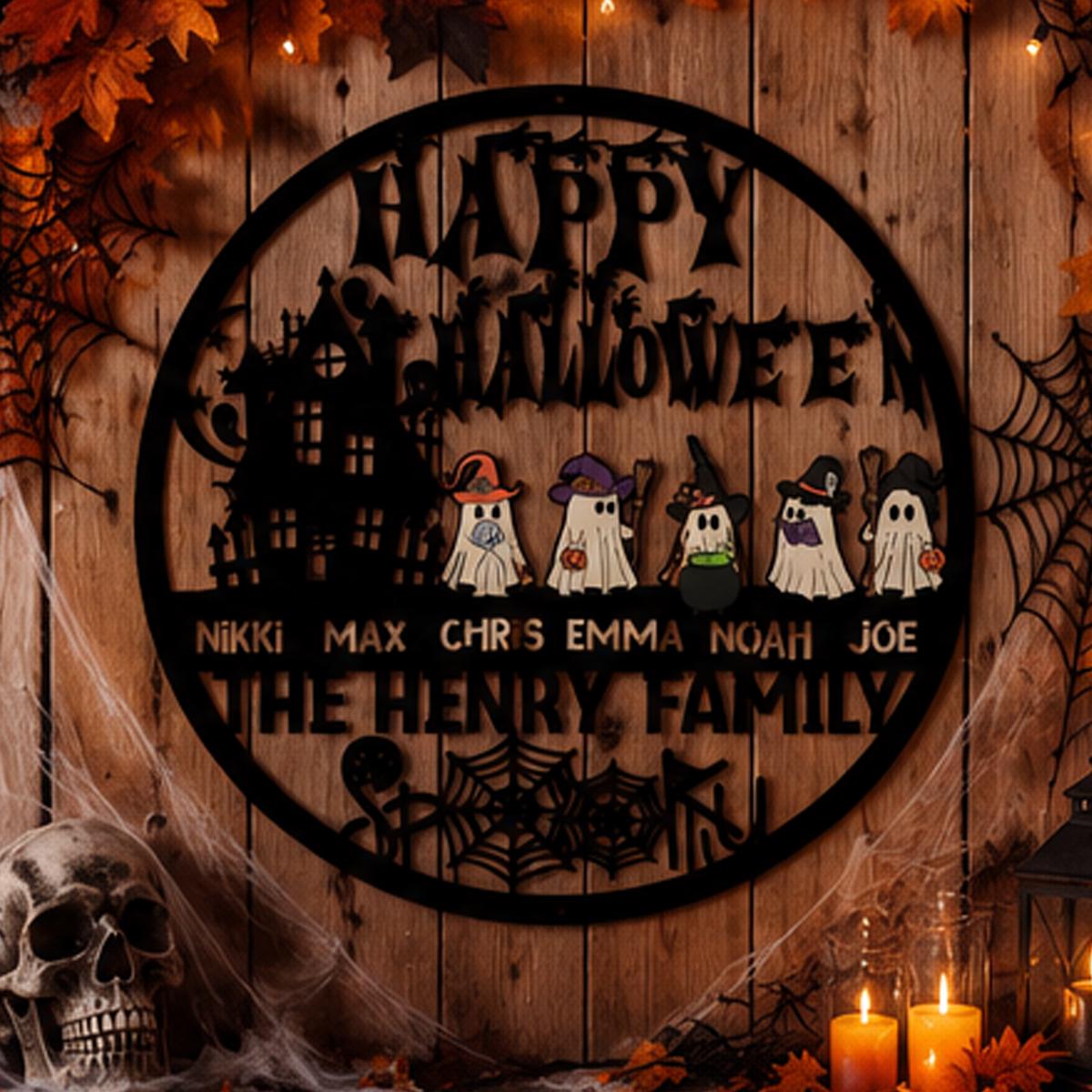 Personalized Halloween Family Metal Sign | Custom Ghost Family Wall Decor | Haunted House Halloween Door Hanger | Family Name Metal Sign