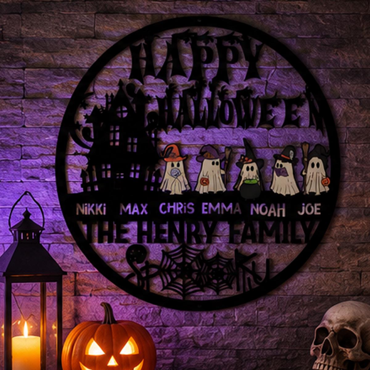 Personalized Halloween Family Metal Sign | Custom Ghost Family Wall Decor | Haunted House Halloween Door Hanger | Family Name Metal Sign