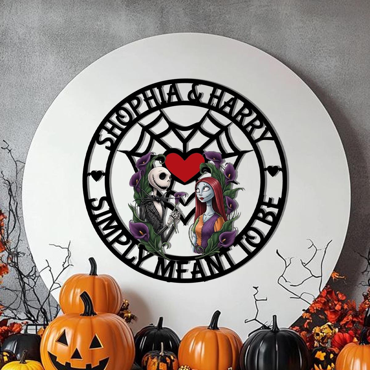 Personalized Halloween Couple Metal Sign | Custom Gothic Love Wall Decor | Skeleton Couple Halloween Door Hanger | Family Name Metal Sign