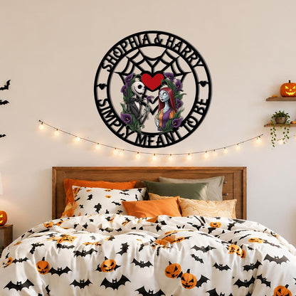 Personalized Halloween Couple Metal Sign | Custom Gothic Love Wall Decor | Skeleton Couple Halloween Door Hanger | Family Name Metal Sign