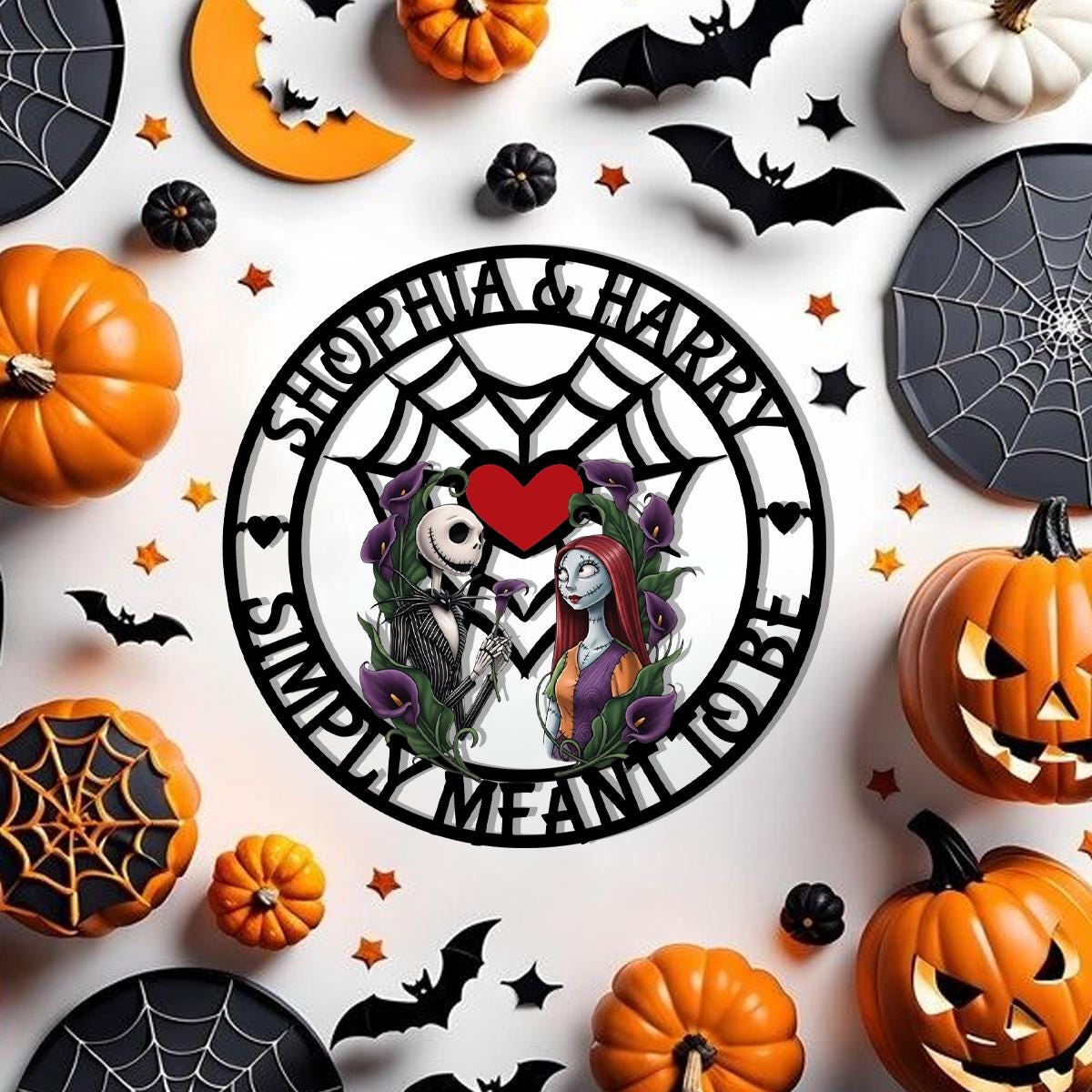 Personalized Halloween Couple Metal Sign | Custom Gothic Love Wall Decor | Skeleton Couple Halloween Door Hanger | Family Name Metal Sign