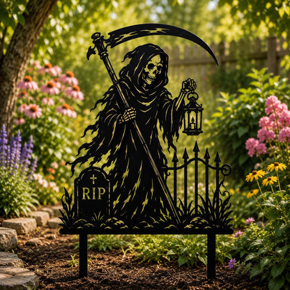 Grim Reaper Garden Stake, Halloween Yard Decor, Metal Cemetery Stake, Gothic Outdoor Lawn Decor