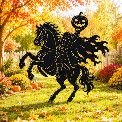Headless Horseman Metal Yard Stake, Halloween Garden Decor, Spooky Outdoor Lawn Art, Pumpkin Rider Gothic Decor, Yard Decor