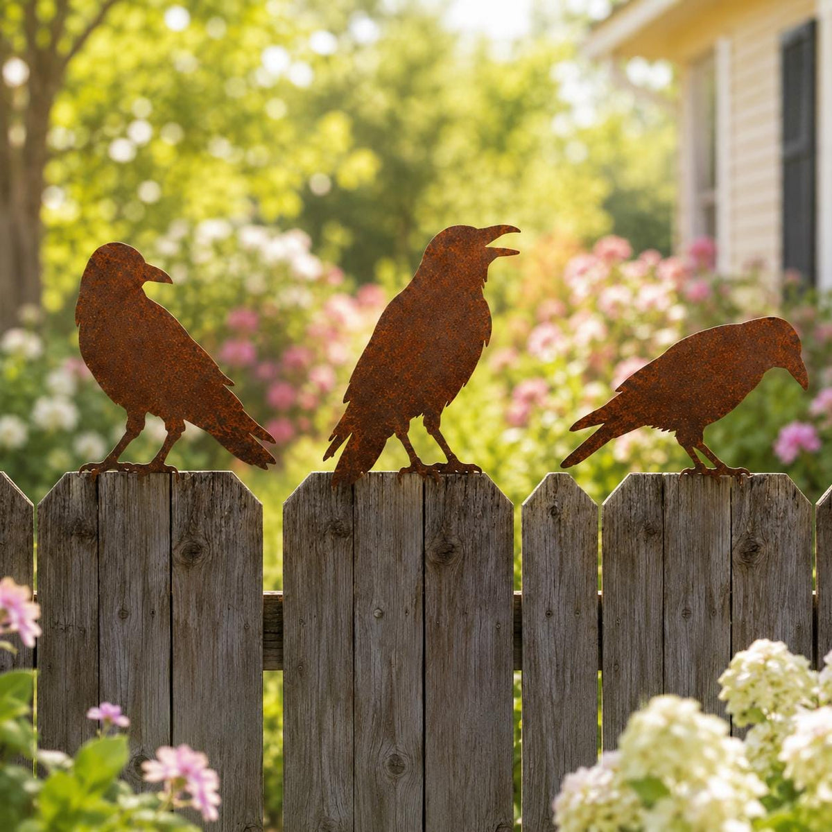 Rustic Metal Crow Fence Decor, Raven Garden Art, Outdoor Bird Fence Toppers, Farmhouse Yard Decor, Gothic Garden Halloween Backyard Decor