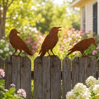 Rustic Metal Crow Fence Decor, Raven Garden Art, Outdoor Bird Fence Toppers, Farmhouse Yard Decor, Gothic Garden Halloween Backyard Decor