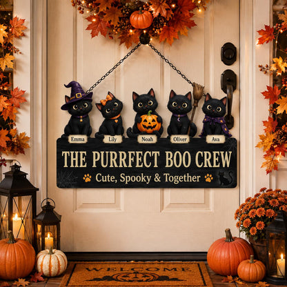 Personalized Halloween Cat Metal Sign, Custom Kids Name Boo Crew Metal Door Hanger, Spooky Fall Porch Decor, Entryway Decor