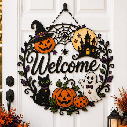 Custom Halloween Welcome Door Hanger, Pumpkin Witch Hat Wreath, Black Cat Ghost Decor, Haunted House Front Door Sign