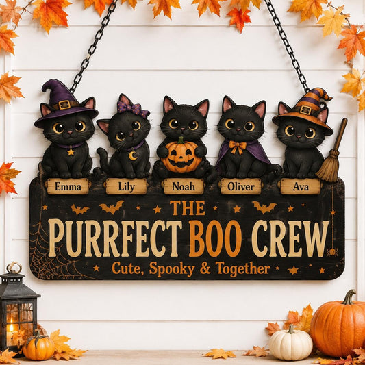 Personalized Black Cat Halloween Metal Sign, Custom Kids Name Boo Crew Family Plaque, Cat Door Hanger, Spooky Fall Decor, Fall Gift