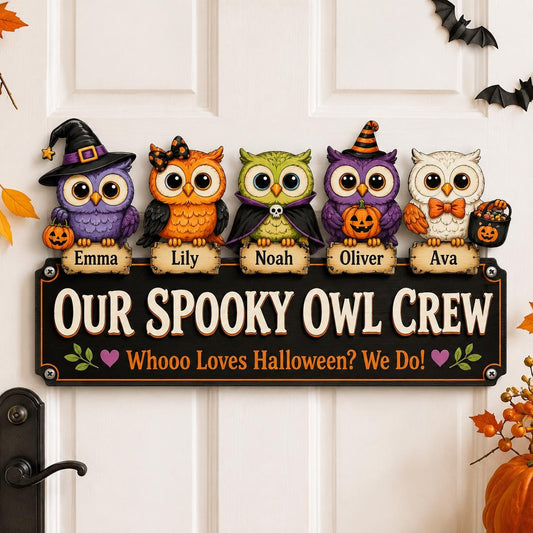 Personalized Owl Family Halloween Metal Sign, Custom Spooky Owl Crew Name Plaque, Cute Owl Door Hanger, Fall Home Decor, Entryway Decor