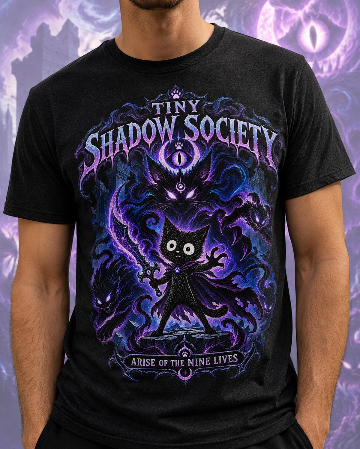 Anime T Shirt, Dark Fantasy Anime Graphic Tee, Gothic Cat Manga Shirt, Purple Shadow Magic, Streetwear Tee, Fantasy Gamer Gift, Anime Cat