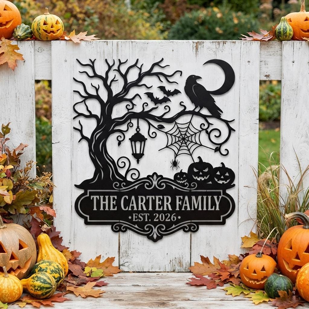 Personalized Halloween Sign, Custom Family Name Metal Wall Art, Pumpkin Decor, Spooky Tree Wall Decor, Halloween Porch Decor