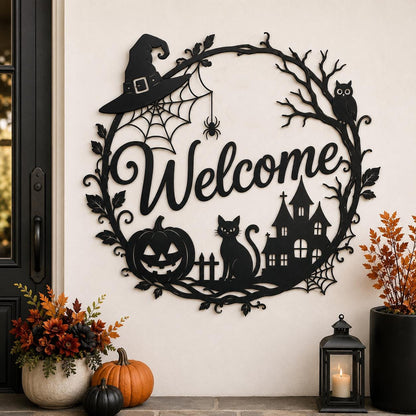 Halloween Welcome Door Hanger, Metal Halloween Wreath, Witch Hat Pumpkin Black Cat Front Door Decor, Spooky Porch Sign