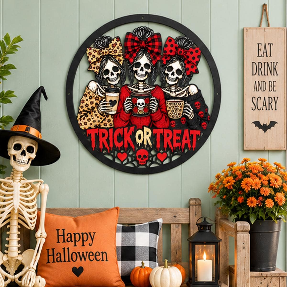 Skeleton Besties Trick or Treat Sign - Spooky Season Metal Wall Art - Skeleton Girl Squad Metal Wreath -Fall Coffee Bar Decor - Gift For Him