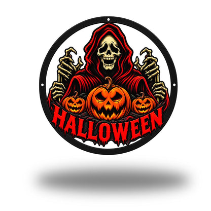 Grim Reaper Halloween Metal Sign - Scary Jack O Lantern Porch Decor - Spooky Pumpkin Art - Halloween Entryway Decor -Hooded Grim Reaper Sign