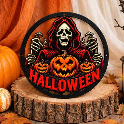 Grim Reaper Halloween Metal Sign - Scary Jack O Lantern Porch Decor - Spooky Pumpkin Art - Halloween Entryway Decor -Hooded Grim Reaper Sign