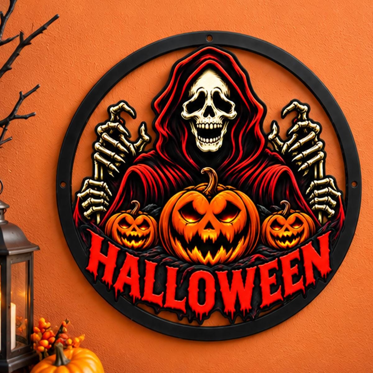 Grim Reaper Halloween Metal Sign - Scary Jack O Lantern Porch Decor - Spooky Pumpkin Art - Halloween Entryway Decor -Hooded Grim Reaper Sign