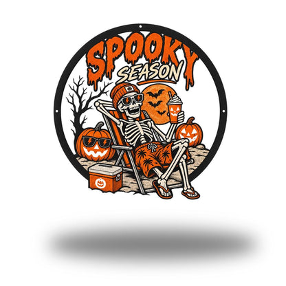 Beach Skeleton Halloween Metal Sign - Spooky Season Metal Wall Art - Skeleton Relaxing Metal Wall Decor - Halloween Party Gift Wreath